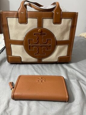Tory Burch Tan Leather-Trim Canvas Tote with Tan Zip Wallet